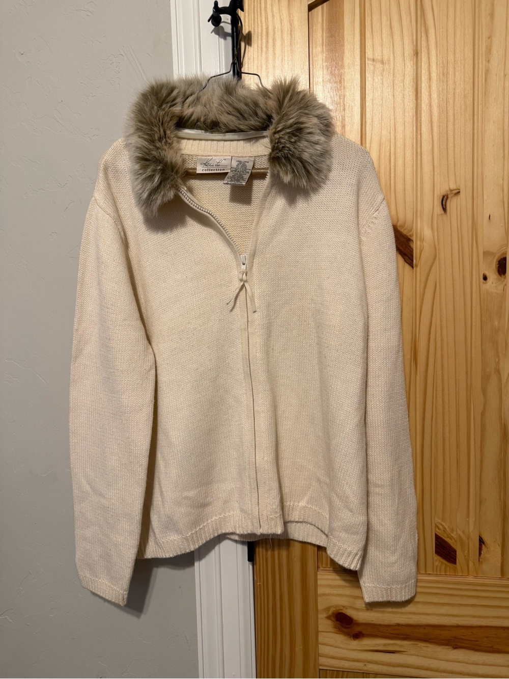 Kathie Lee Collection Cream Knit Jacket with Faux Fur Trim